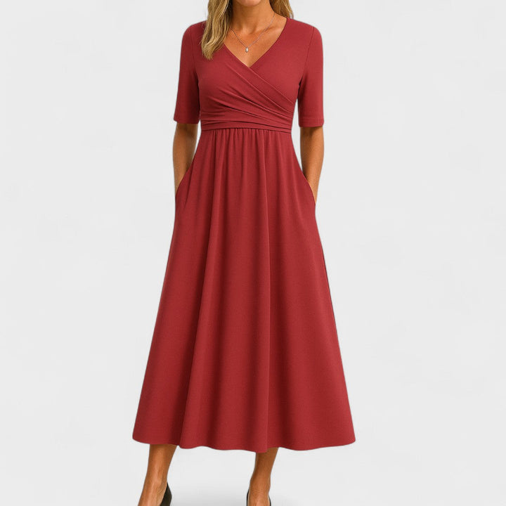 Ida | Women's Surplice V-Neck Pleated Wrap-Style Midi Dress