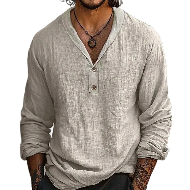 Kurt | Cotton-Linen Collarless Henley Long Sleeve Shirt