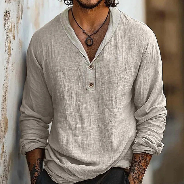 Kurt | Cotton-Linen Collarless Henley Long Sleeve Shirt