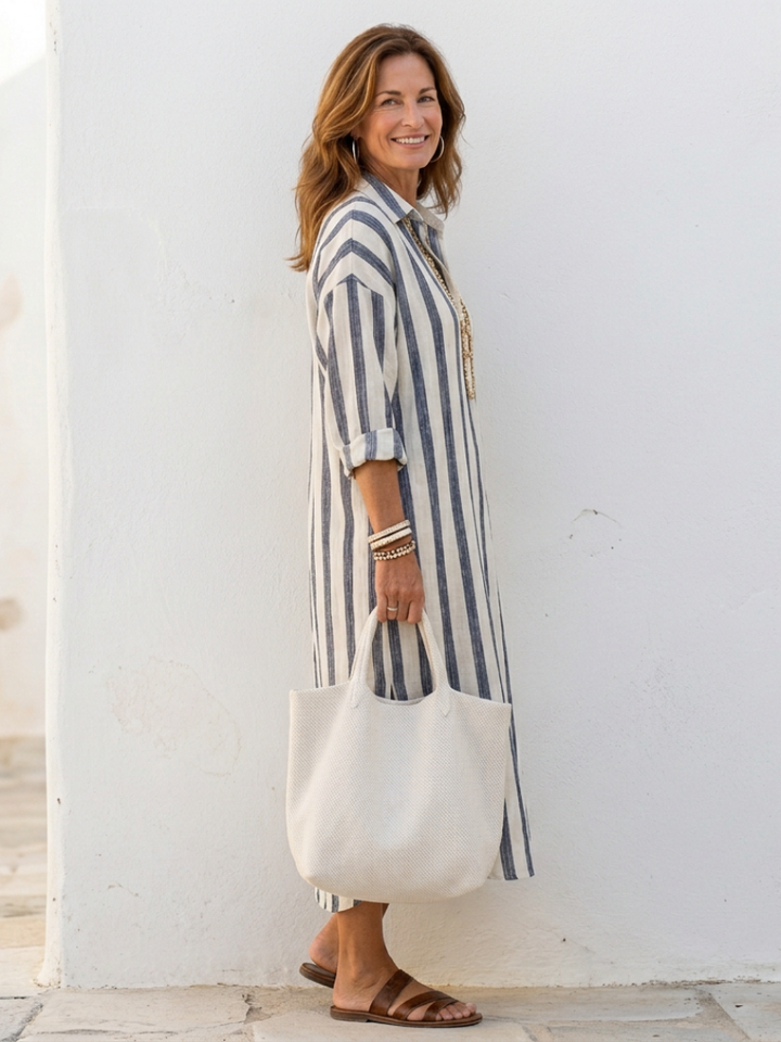 Imogen | Women's Striped Long-Sleeve Button-Front Shirt Dress