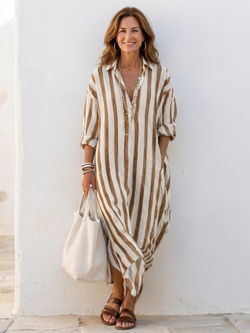 Imogen | Women's Striped Long-Sleeve Button-Front Shirt Dress