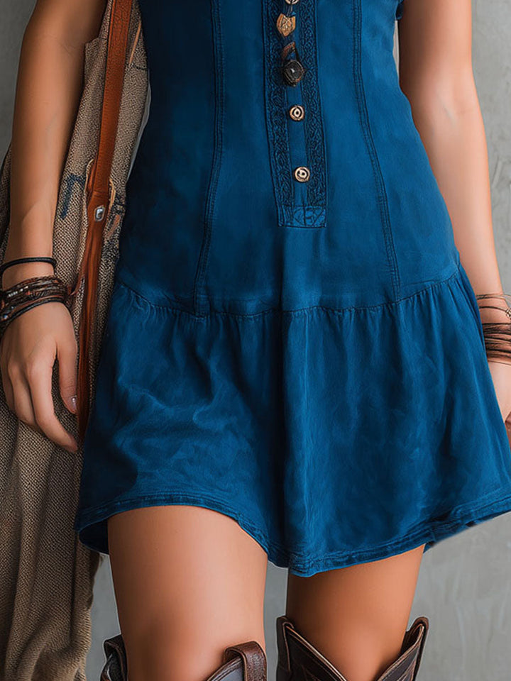 Indra | Women's Bohemian V-Neck Button-Down Knit Mini Dress