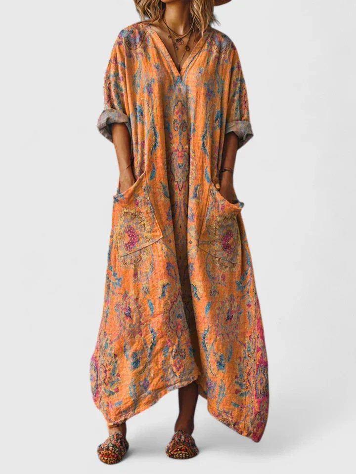 Indra | Women's Boho Paisley Front Pocket Maxi Dress