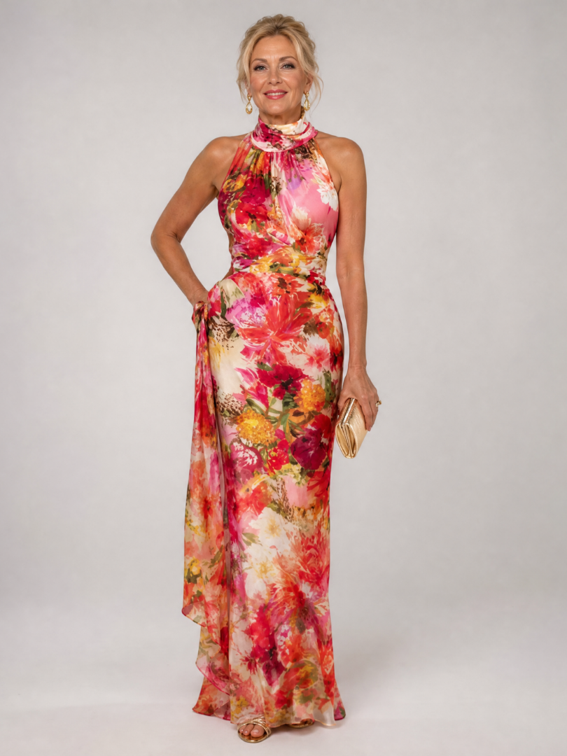 Isadora | Women's Halter Neck Floral Print Flowing Maxi Dress