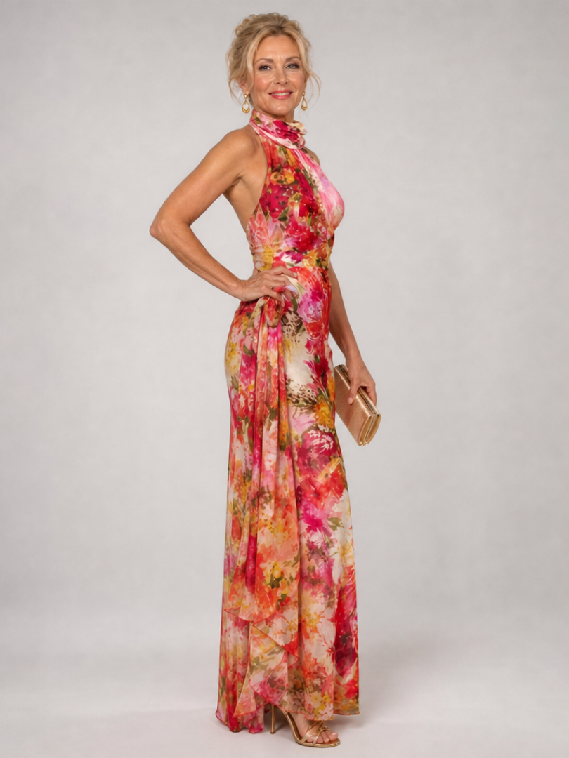 Isadora | Women's Halter Neck Floral Print Flowing Maxi Dress