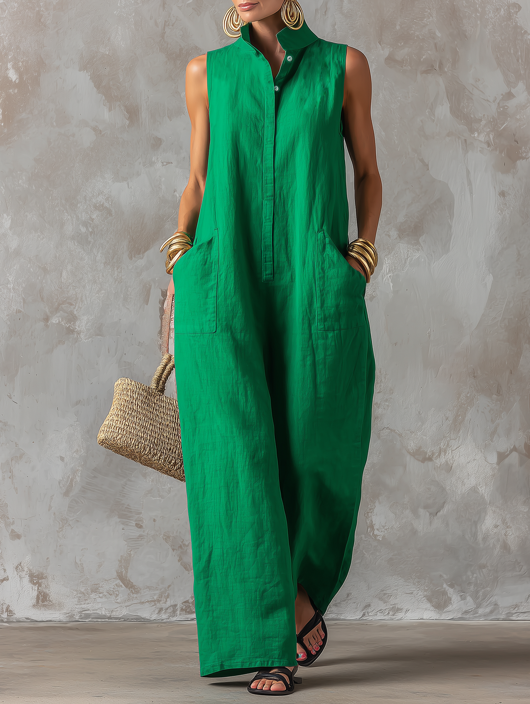 Jerline | Women's Minimalist Stand Collar Sleeveless Jumpsuit