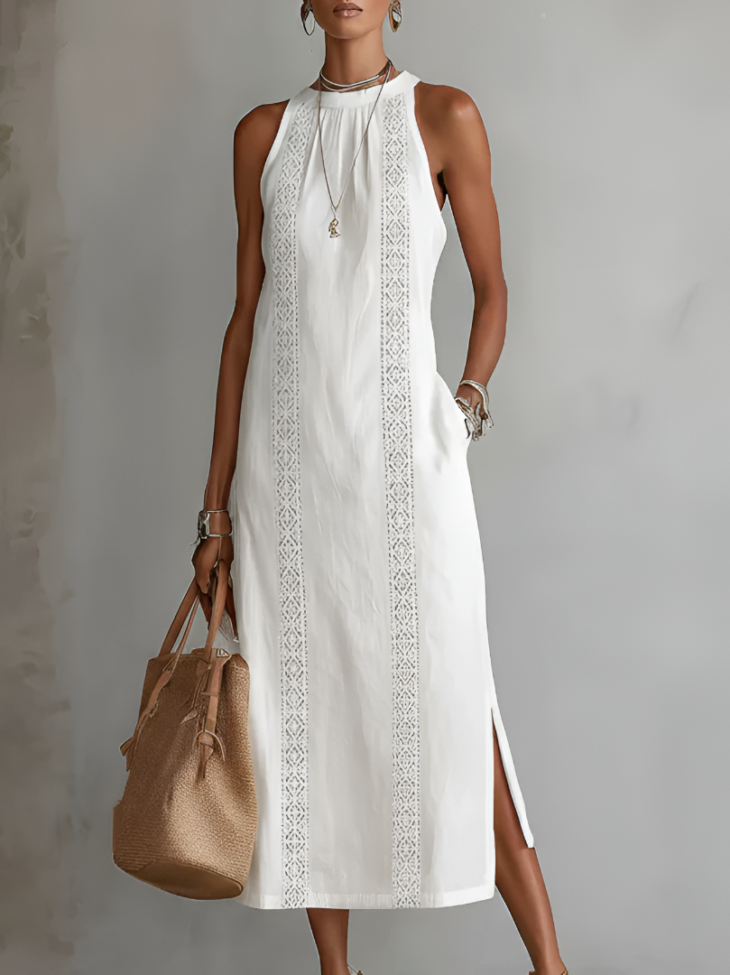 Jimena | Women's Sleeveless Mao Collar Linen Midi Dress