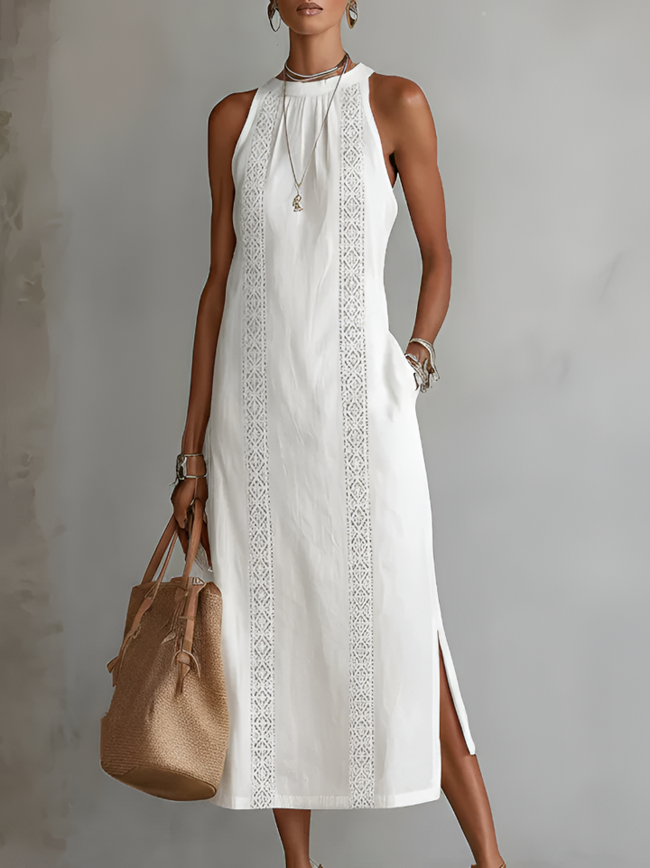 Jimena | Women's Sleeveless Mao Collar Linen Midi Dress