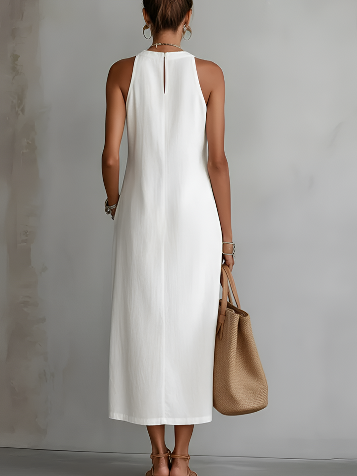 Jimena | Women's Sleeveless Mao Collar Linen Midi Dress