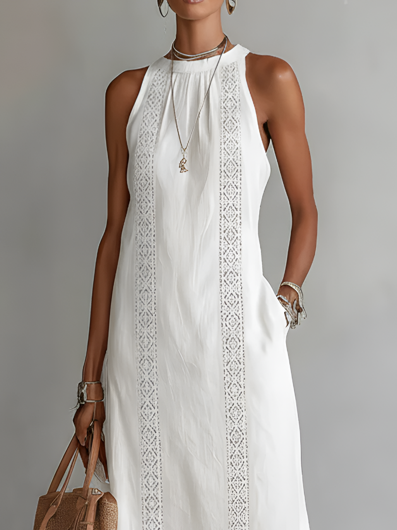 Jimena | Women's Sleeveless Mao Collar Linen Midi Dress
