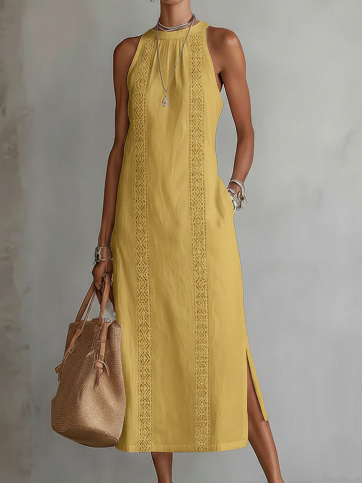 Jimena | Women's Sleeveless Mao Collar Linen Midi Dress