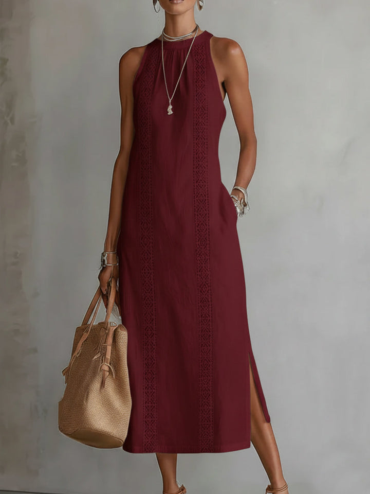 Jimena | Women's Sleeveless Mao Collar Linen Midi Dress