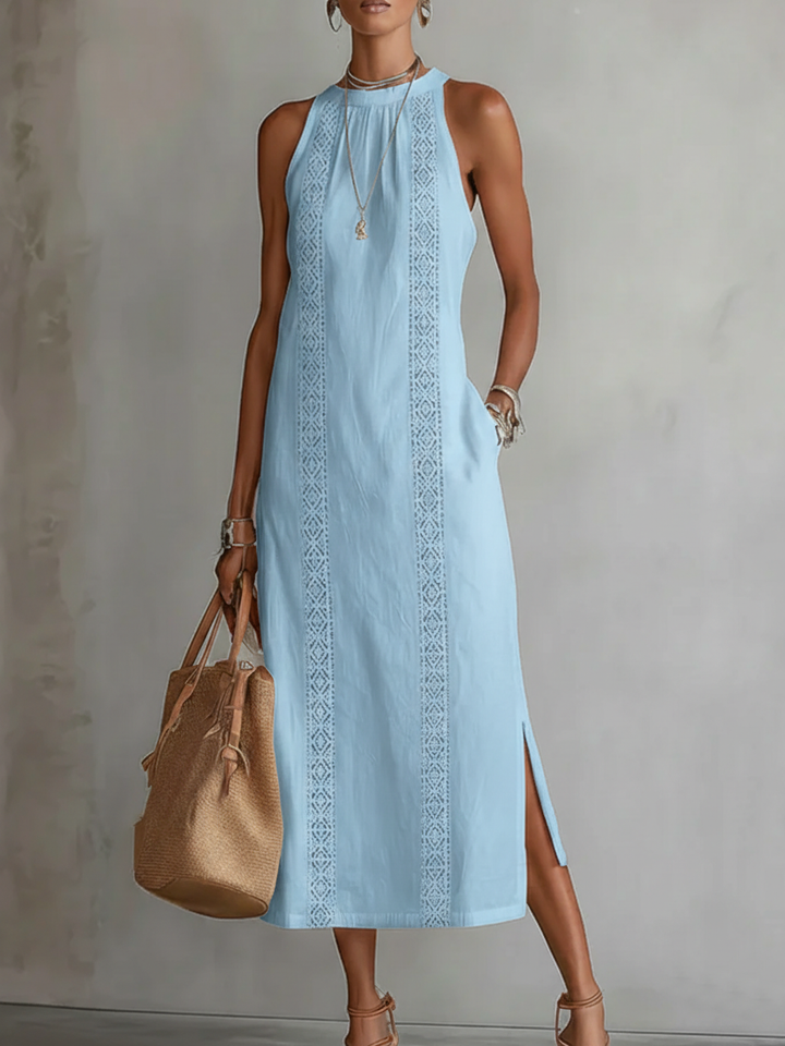 Jimena | Women's Sleeveless Mao Collar Linen Midi Dress