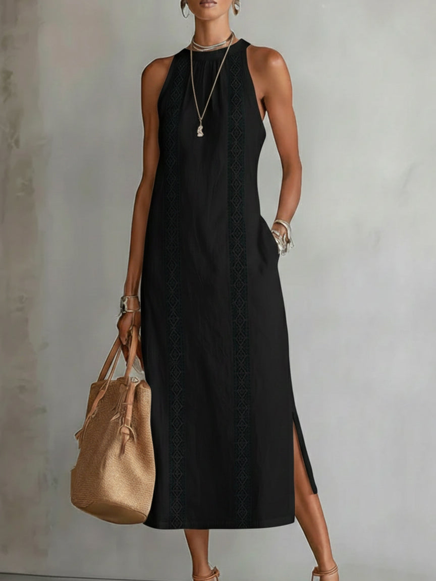 Jimena | Women's Sleeveless Mao Collar Linen Midi Dress