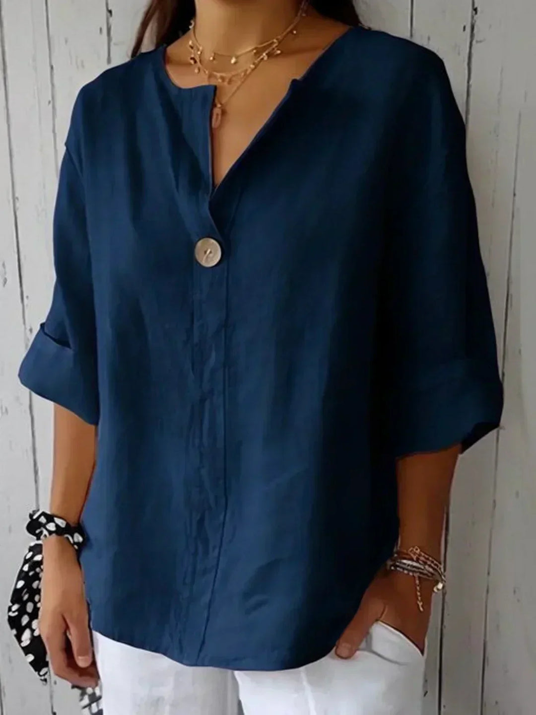 Josephine | Women's Linen V-Neck Roll-Up Sleeve Blouse