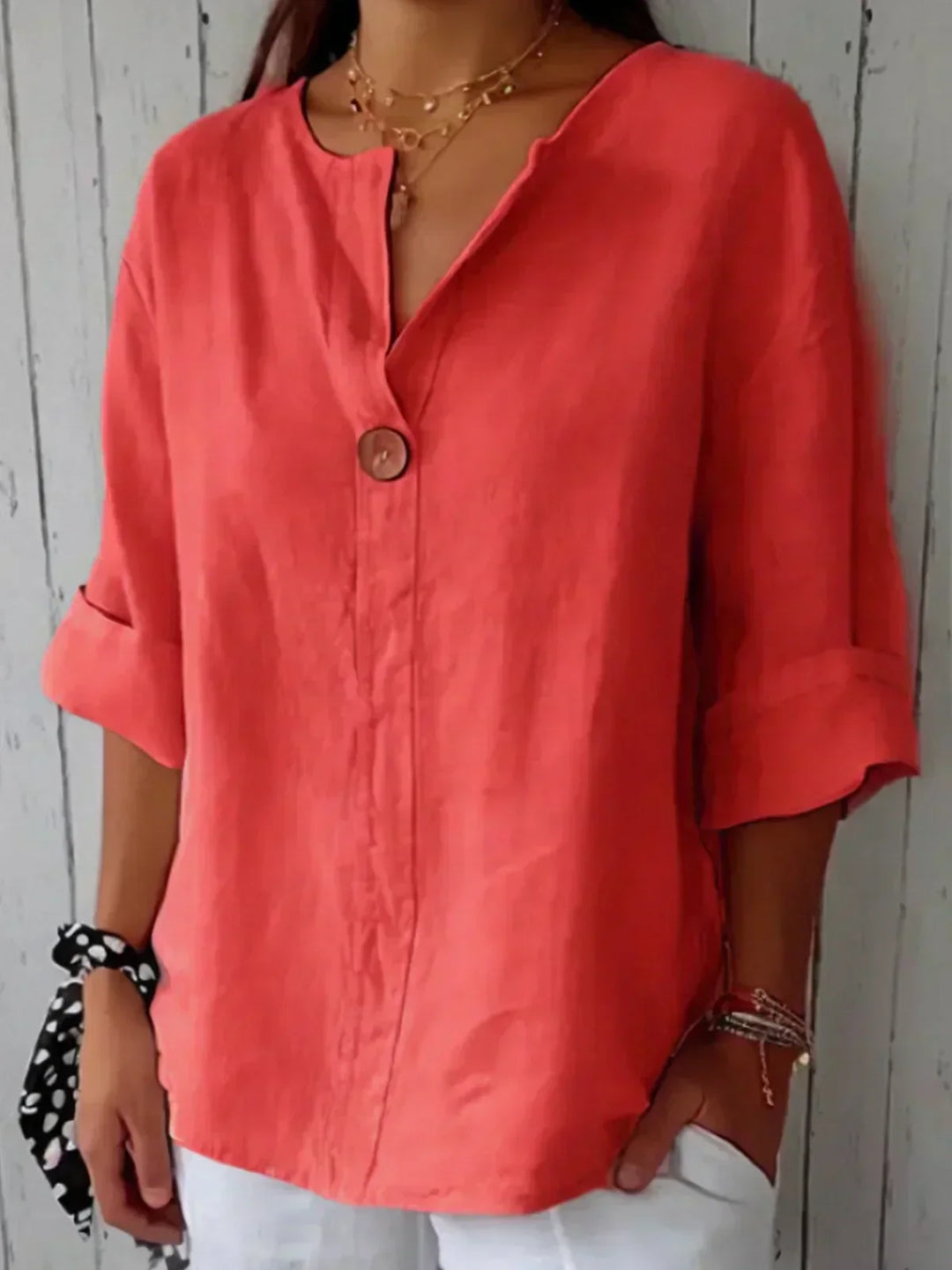 Josephine | Women's Linen V-Neck Roll-Up Sleeve Blouse