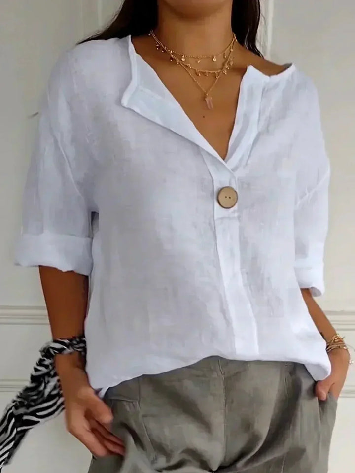 Josephine | Women's Linen V-Neck Roll-Up Sleeve Blouse