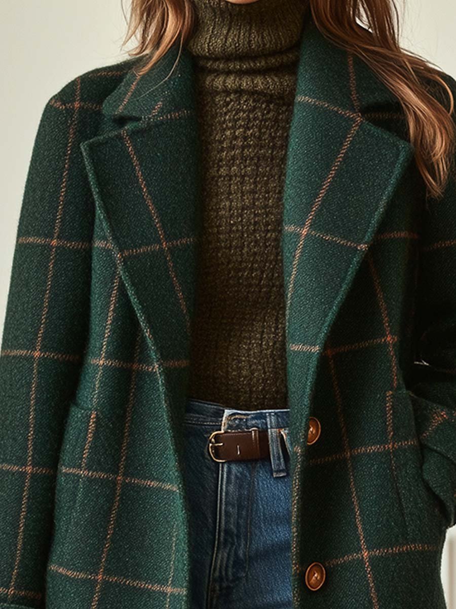 Colette | Women's Longline Windowpane Check Coat with Notch Lapel