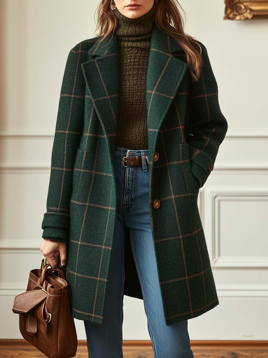 Colette | Women's Longline Windowpane Check Coat with Notch Lapel