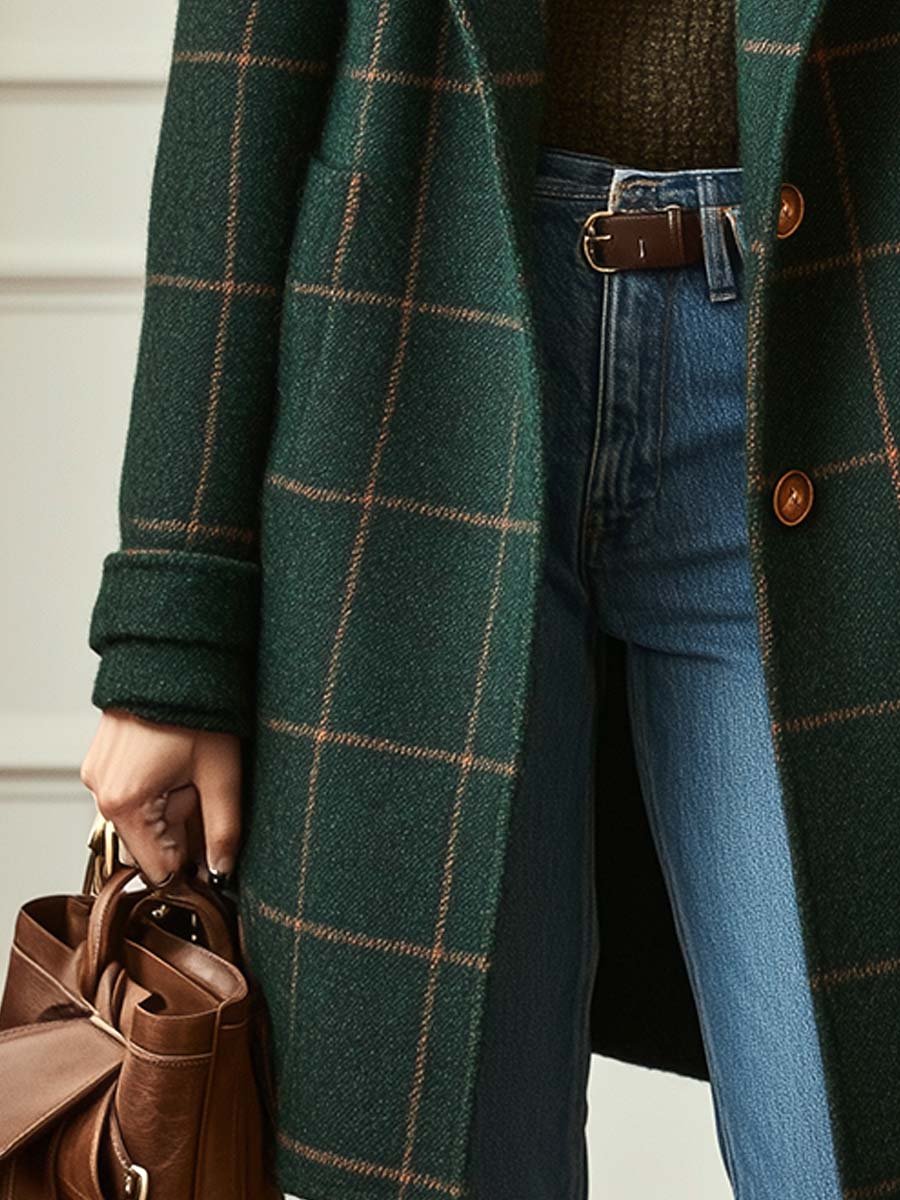 Colette | Women's Longline Windowpane Check Coat with Notch Lapel