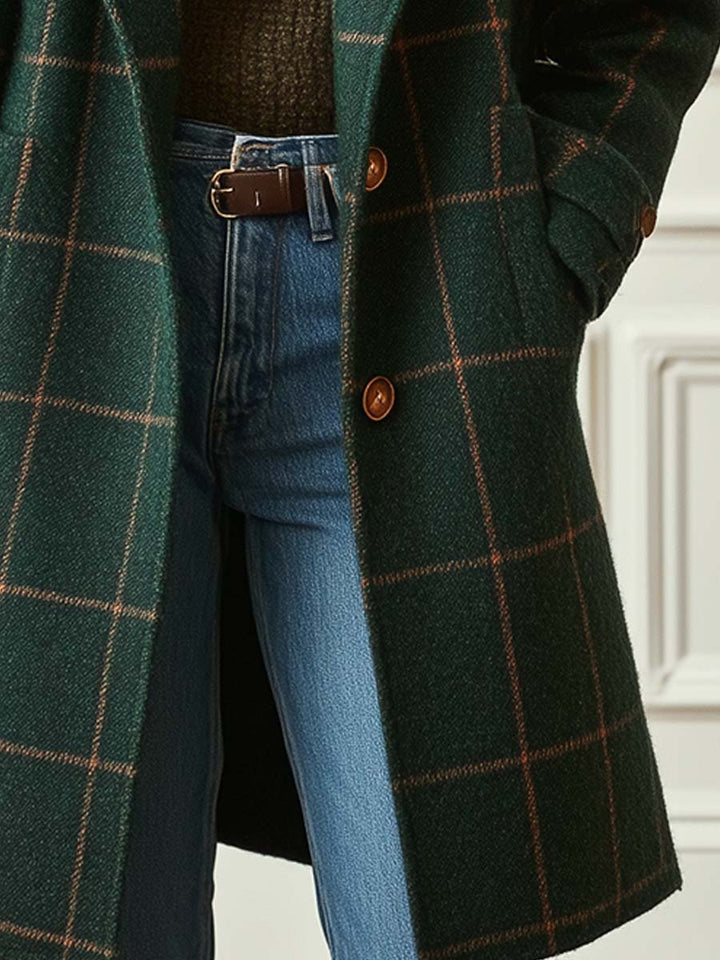 Colette | Women's Longline Windowpane Check Coat with Notch Lapel