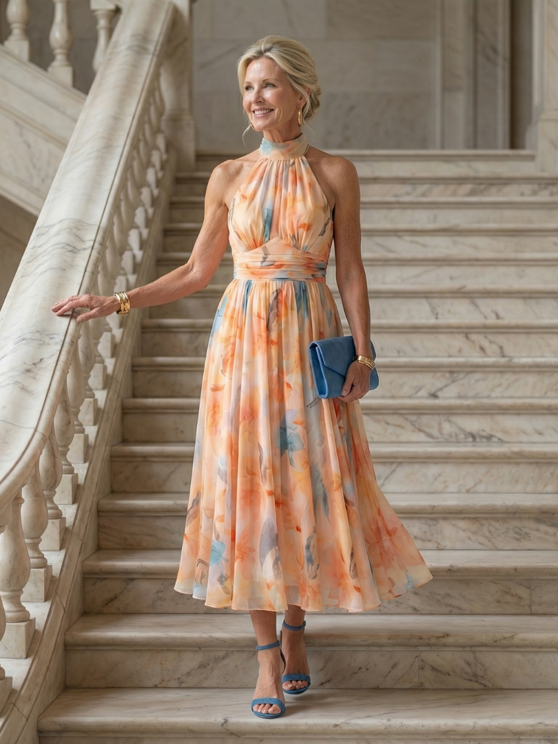 Juniper | Women's Soft Halter Gathered Sleeveless Midi Dress