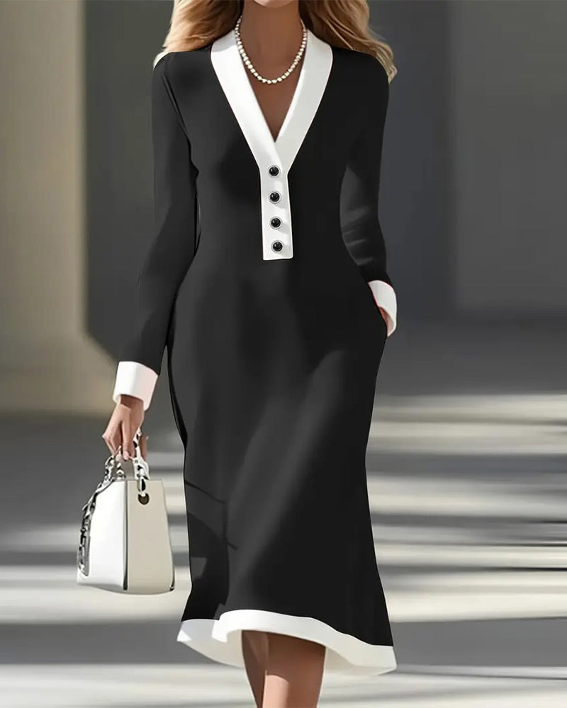 Kaylin | Women's Refined V-Neck Button Long-Sleeve Midi Dress