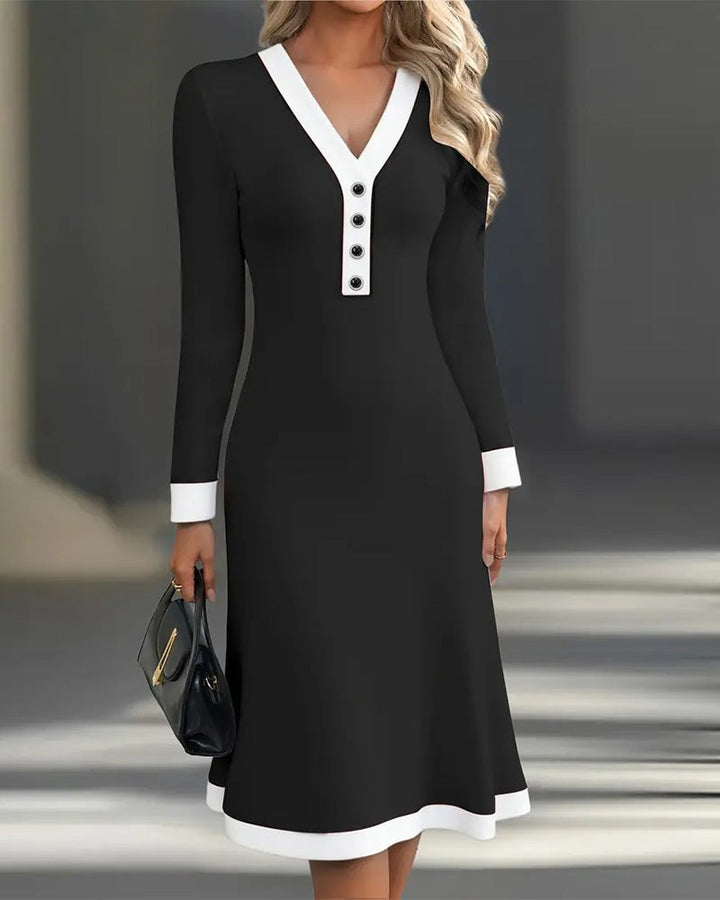 Kaylin | Women's Refined V-Neck Button Long-Sleeve Midi Dress
