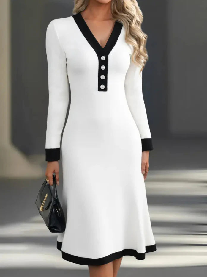 Kaylin | Women's Refined V-Neck Button Long-Sleeve Midi Dress