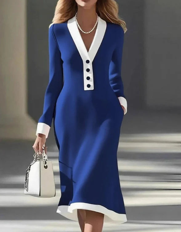 Kaylin | Women's Refined V-Neck Button Long-Sleeve Midi Dress
