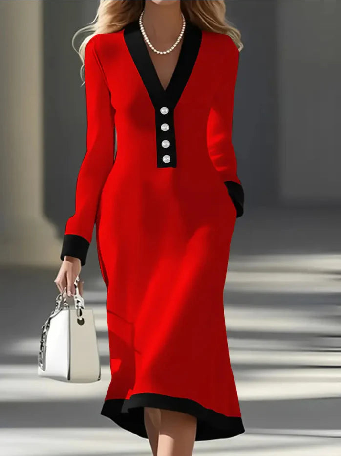 Kaylin | Women's Refined V-Neck Button Long-Sleeve Midi Dress