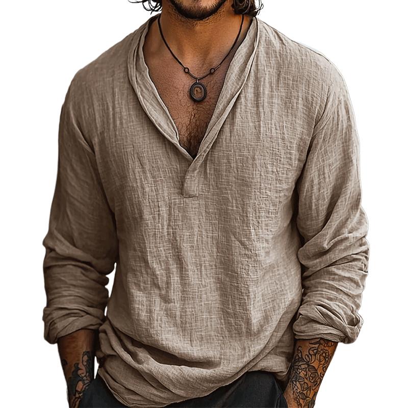 Kurt | Men's Cotton-Linen Collarless Henley Long Sleeve Shirt