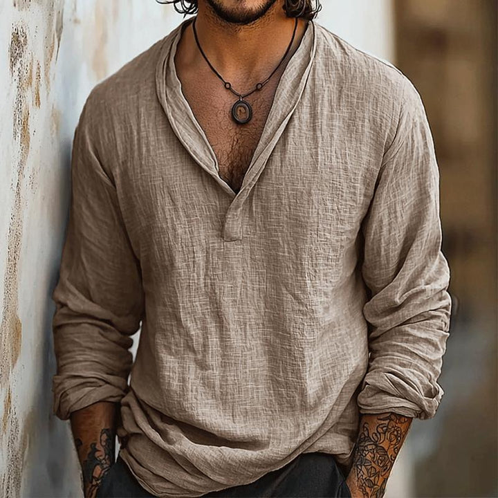 Kurt | Men's Cotton-Linen Collarless Henley Long Sleeve Shirt