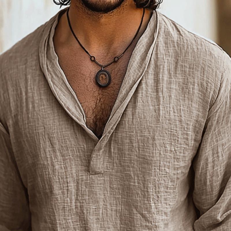 Kurt | Men's Cotton-Linen Collarless Henley Long Sleeve Shirt
