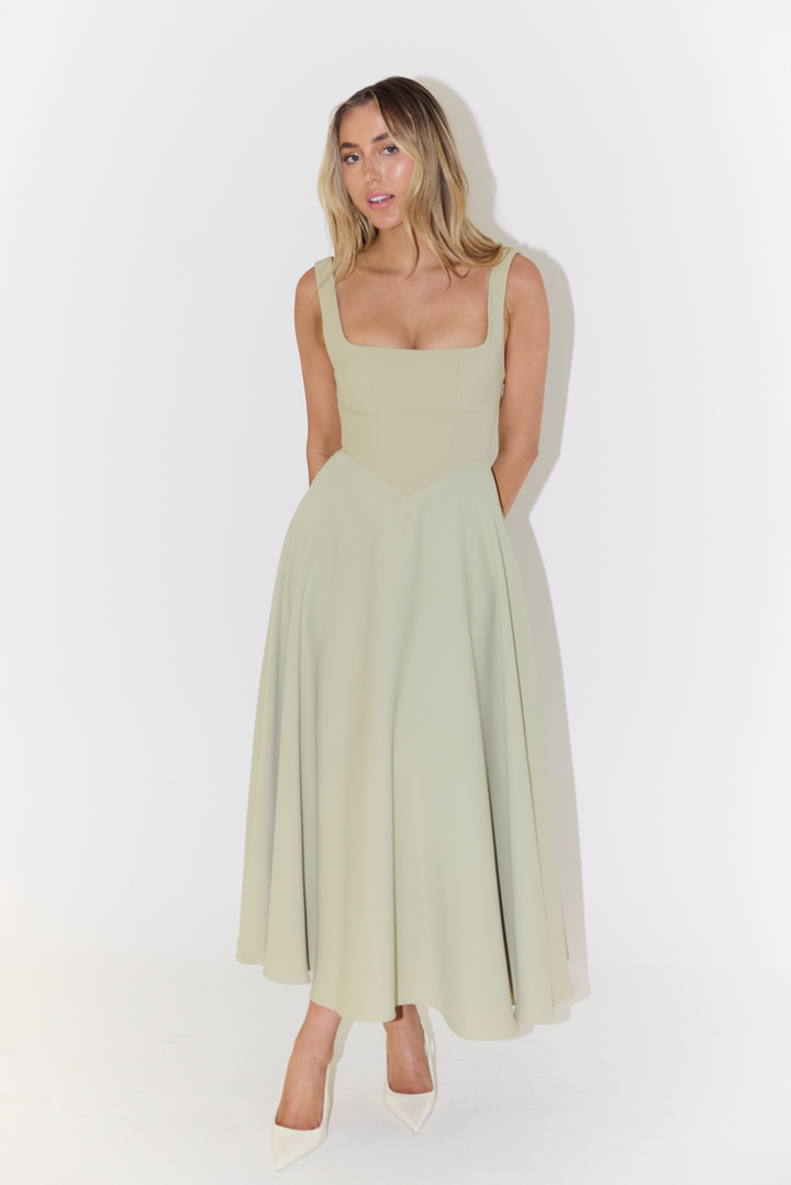 Levy | Women's High-Waist Square Neck Sleeveless Midi Dress