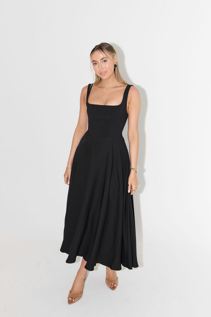 Levy | Women's High-Waist Square Neck Sleeveless Midi Dress