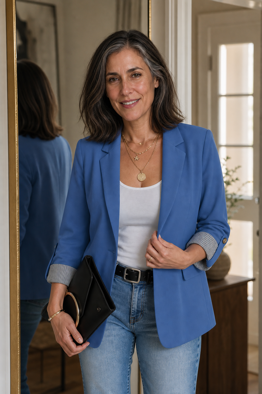 Berangere | Women's Roll-Sleeve Blazer with Striped Cuff Lining