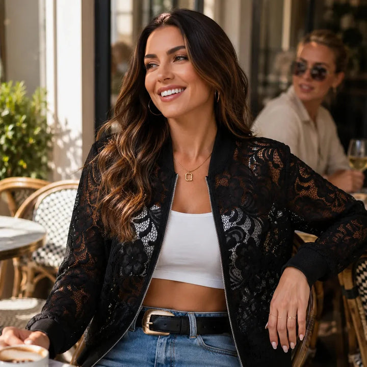 Roxanne | Women's Lace-Pattern Zip Bomber Jacket