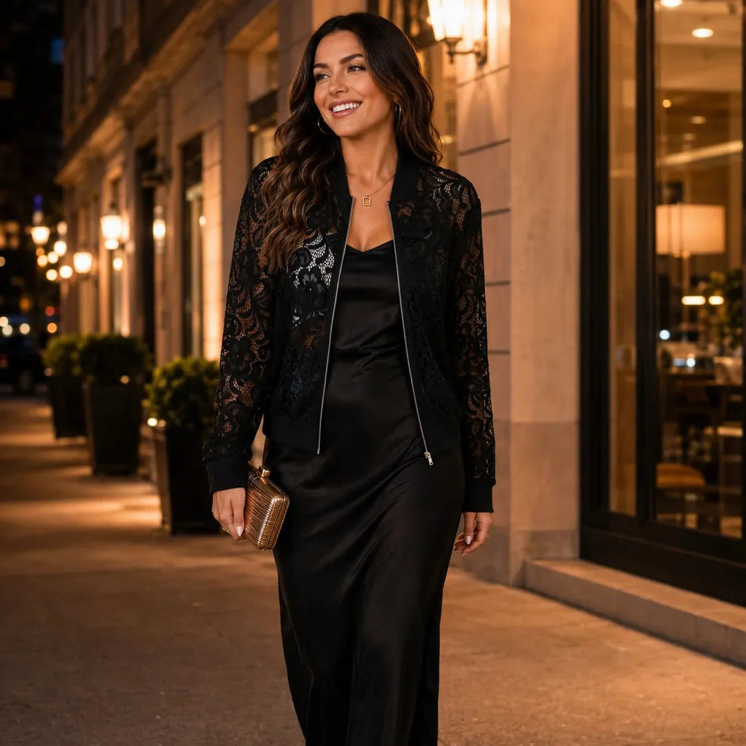 Roxanne | Women's Lace-Pattern Zip Bomber Jacket