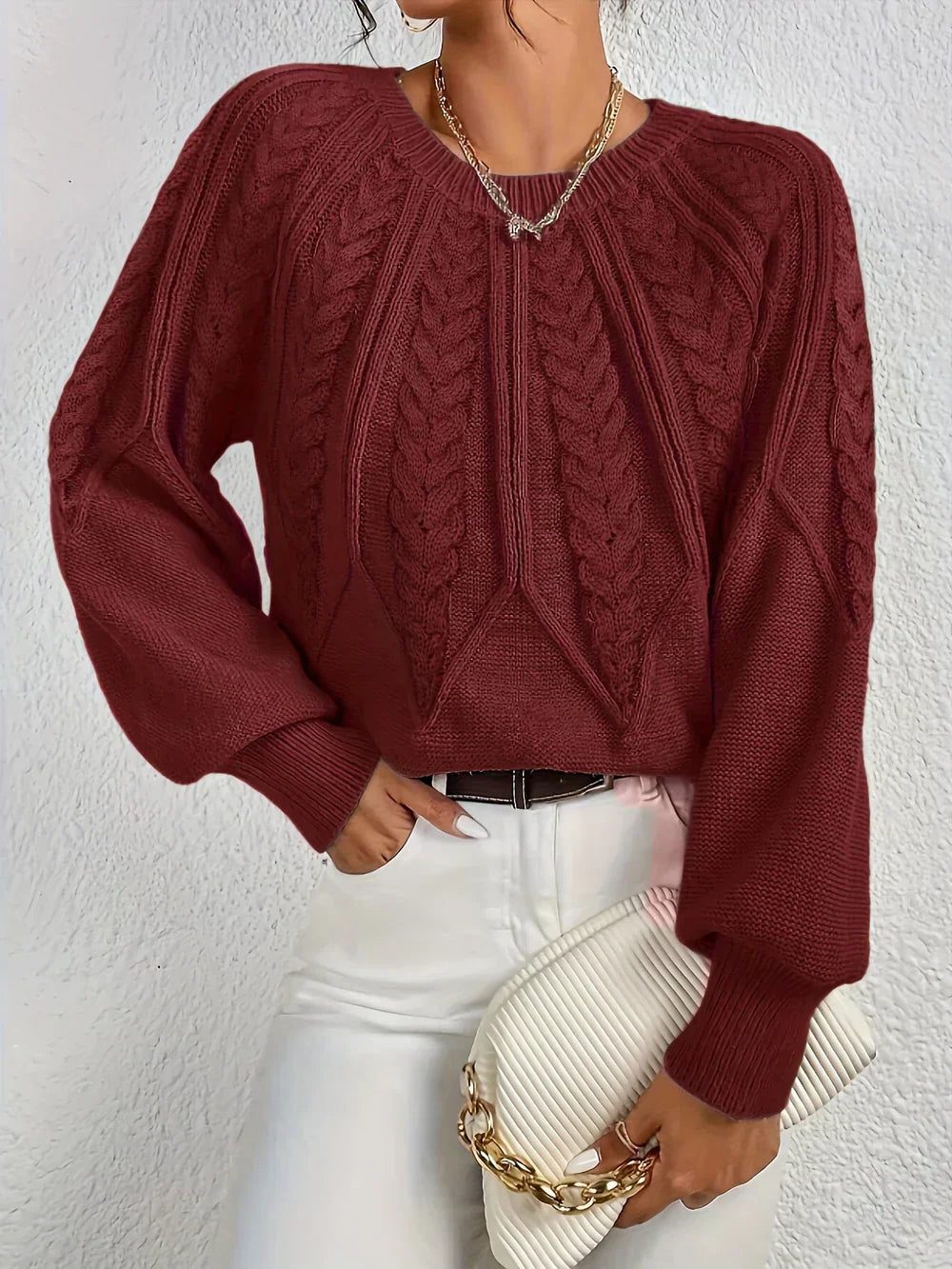 Lorette | Women's Cable Sweater with Balloon Sleeves