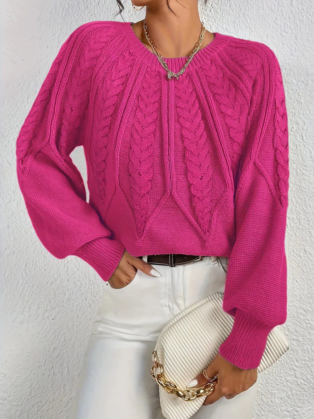 Lorette | Women's Cable Sweater with Balloon Sleeves