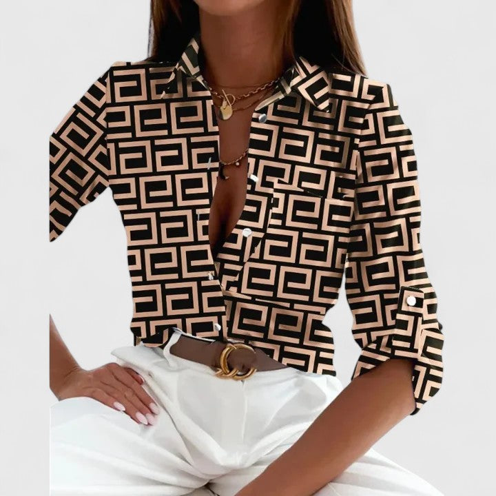 Lisette | Women's Elegant Printed Long-Sleeve Lapel Blouse