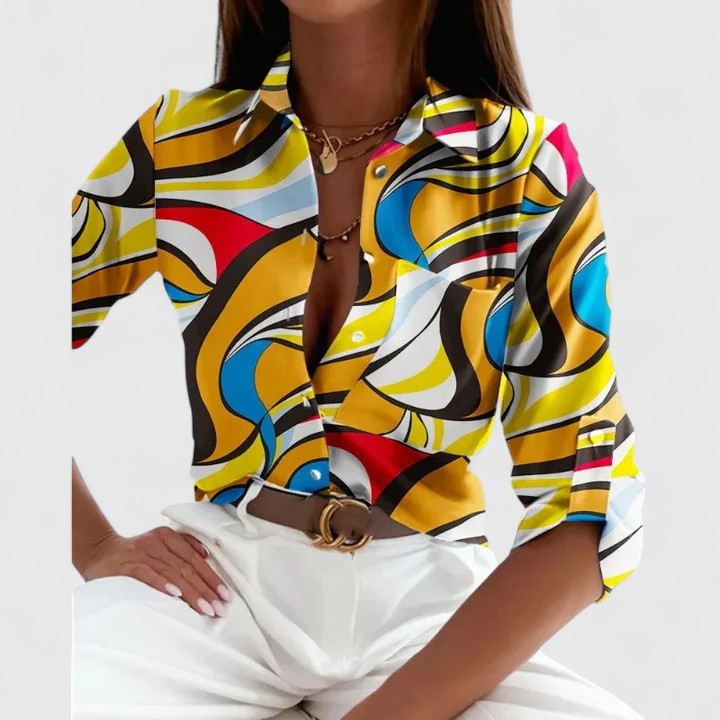 Lisette | Women's Elegant Printed Long-Sleeve Lapel Blouse