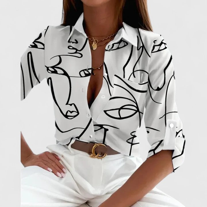 Lisette | Women's Elegant Printed Long-Sleeve Lapel Blouse