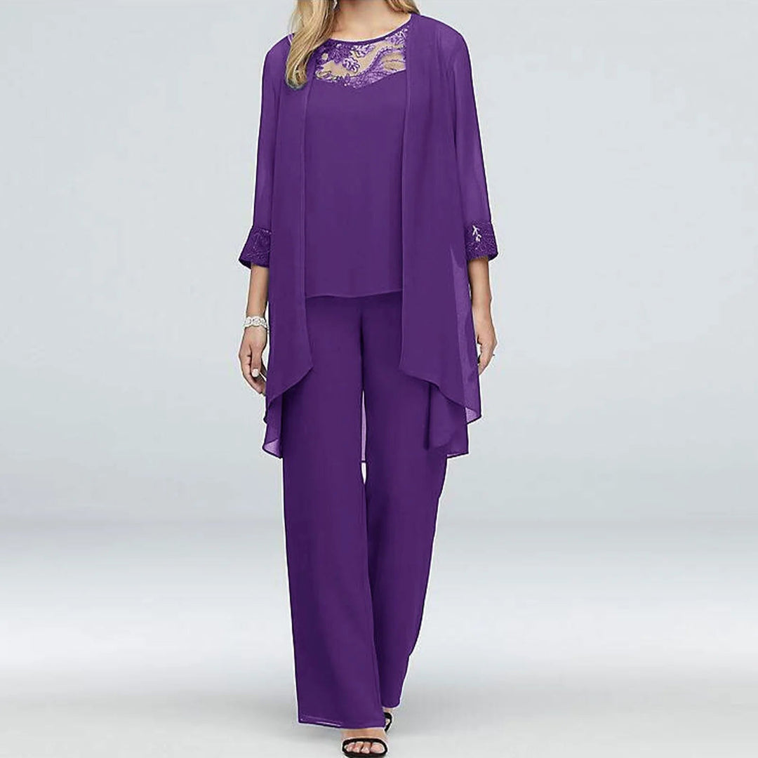 Lorna | Women's Chiffon Lace Three-Piece Pant Suit Set