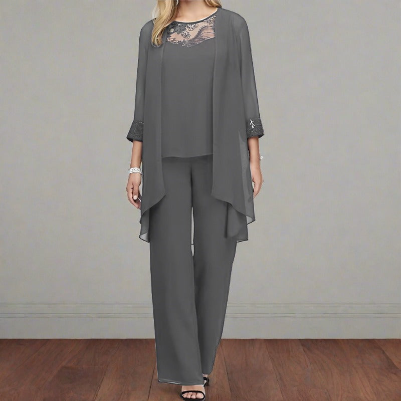 Lorna | Women's Chiffon Lace Three-Piece Pant Suit Set