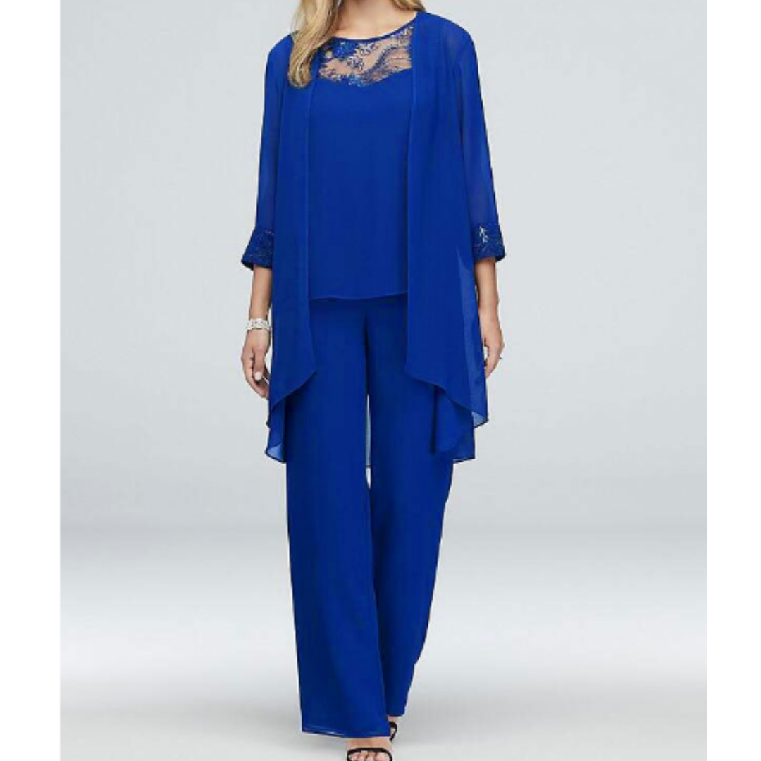 Lorna | Women's Chiffon Lace Three-Piece Pant Suit Set