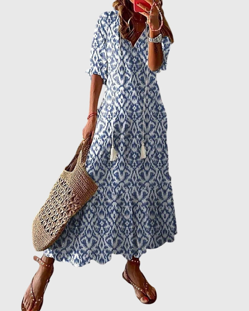Magnolia | Women's Boho Vintage V-Neck Summer Midi Dress