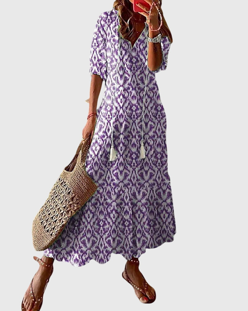 Magnolia | Women's Boho Vintage V-Neck Summer Midi Dress