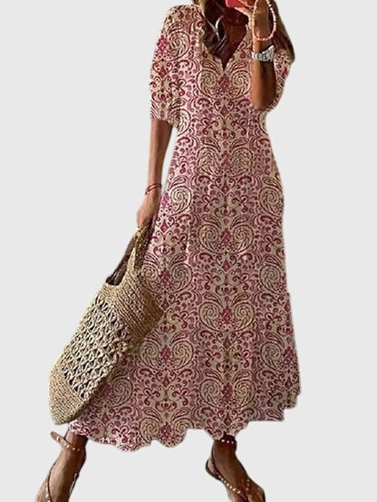 Magnolia | Women's Boho Vintage V-Neck Summer Midi Dress